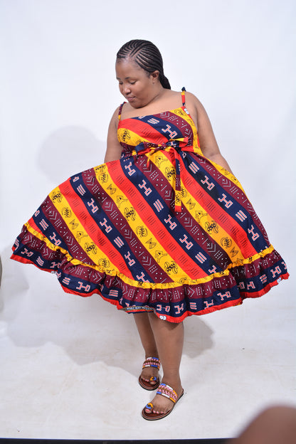 T8211 Traditional African Kente Fabric Yellow, Red, Navy, White & Brown Dress