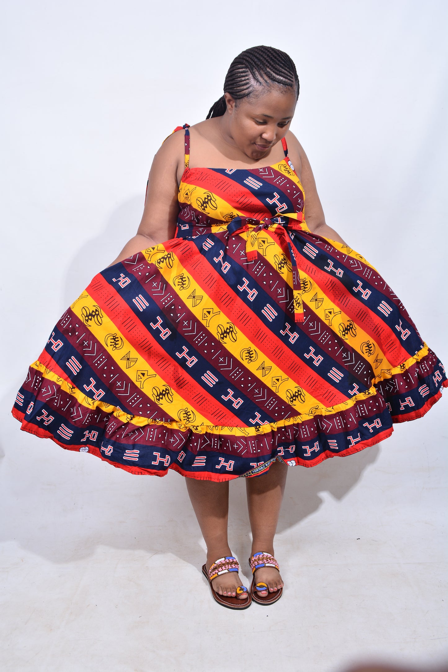 T8211 Traditional African Kente Fabric Yellow, Red, Navy, White & Brown Dress
