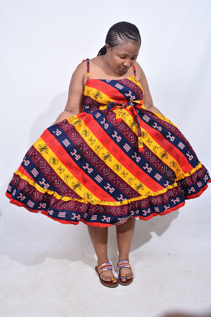 T8211 Traditional African Kente Fabric Yellow, Red, Navy, White & Brown Dress
