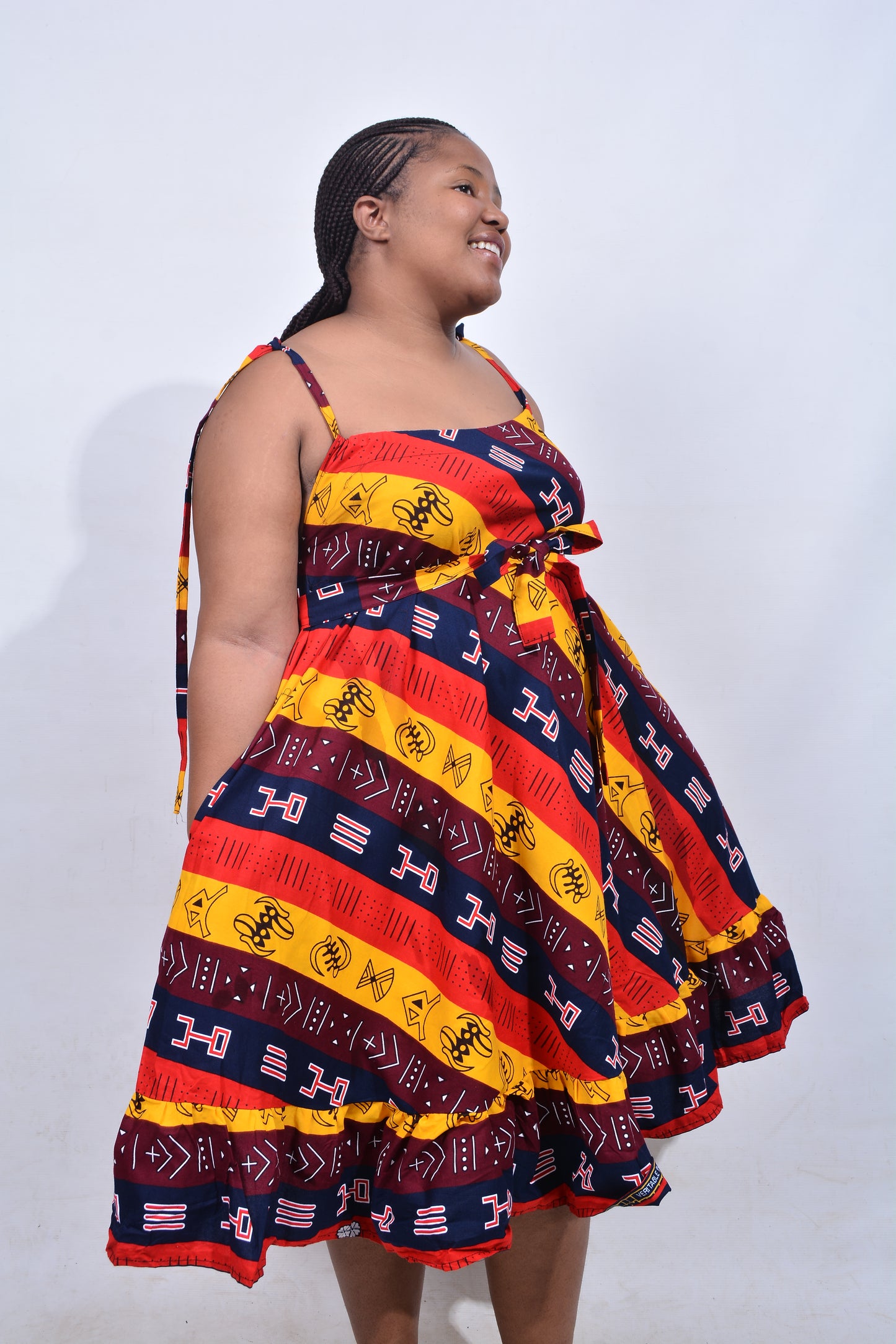 T8211 Traditional African Kente Fabric Yellow, Red, Navy, White & Brown Dress