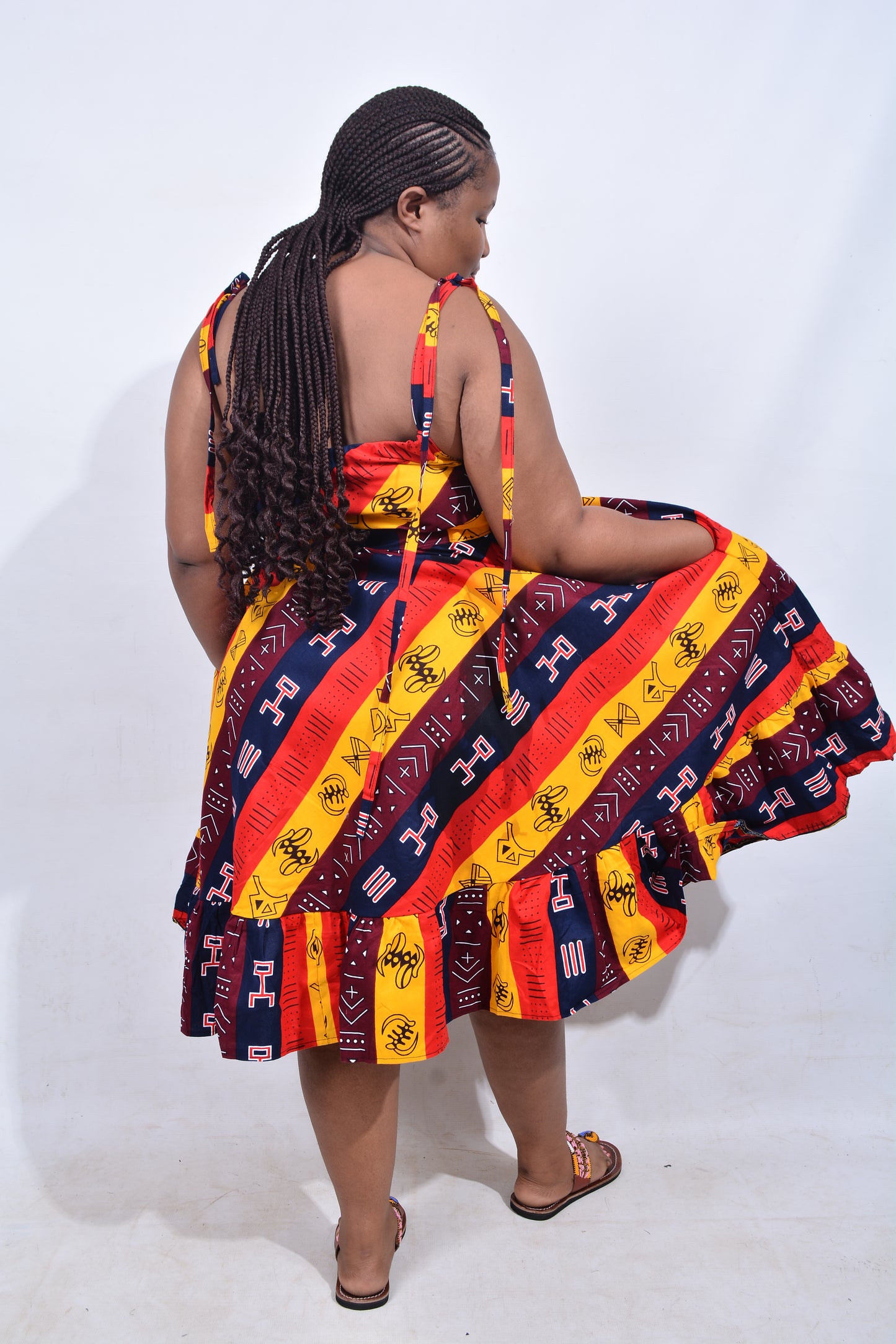T8211 Traditional African Kente Fabric Yellow, Red, Navy, White & Brown Dress