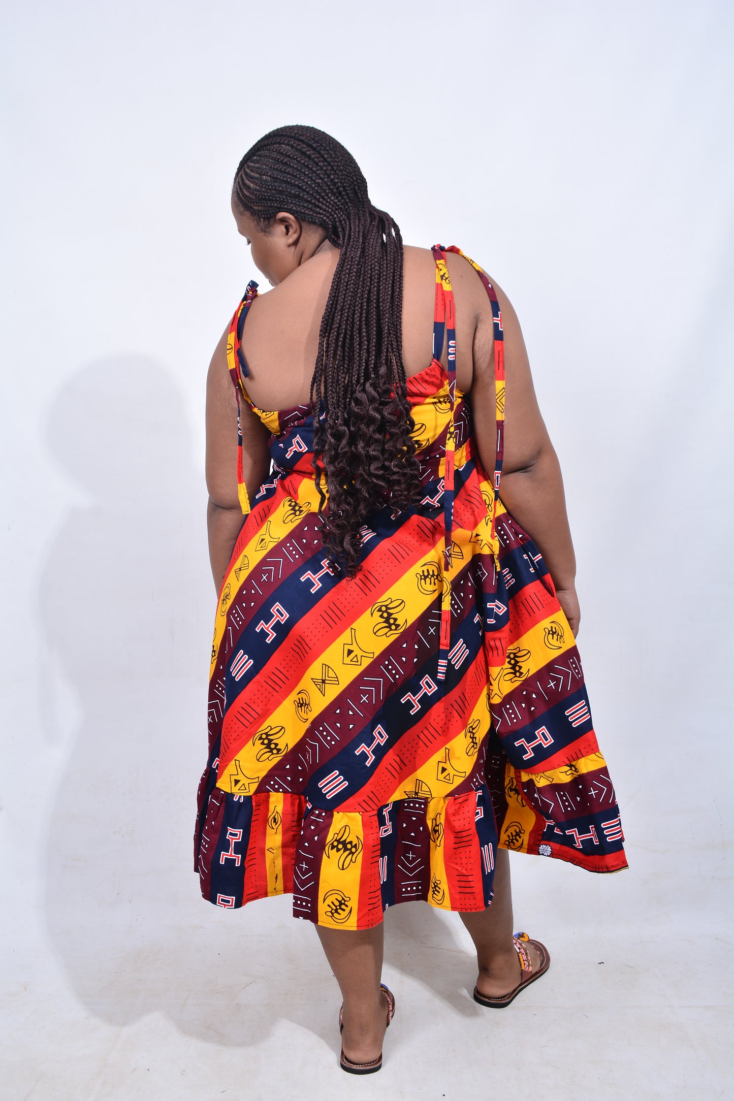 T8211 Traditional African Kente Fabric Yellow, Red, Navy, White & Brown Dress