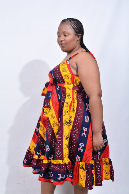 T8211 Traditional African Kente Fabric Yellow, Red, Navy, White & Brown Dress