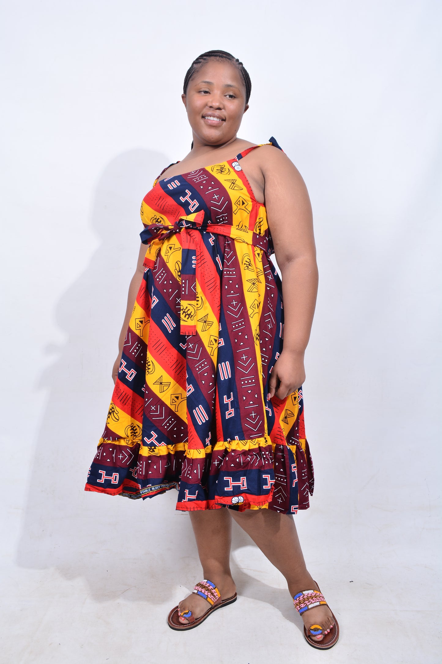 T8211 Traditional African Kente Fabric Yellow, Red, Navy, White & Brown Dress