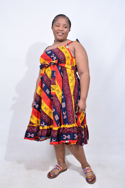 T8211 Traditional African Kente Fabric Yellow, Red, Navy, White & Brown Dress