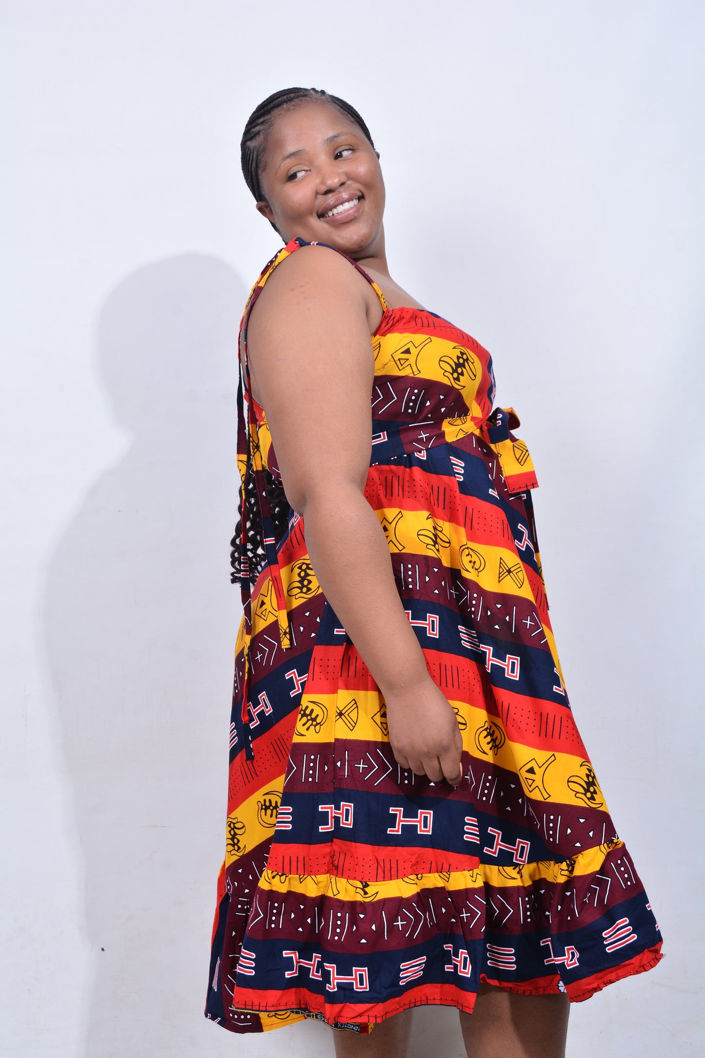 T8211 Traditional African Kente Fabric Yellow, Red, Navy, White & Brown Dress