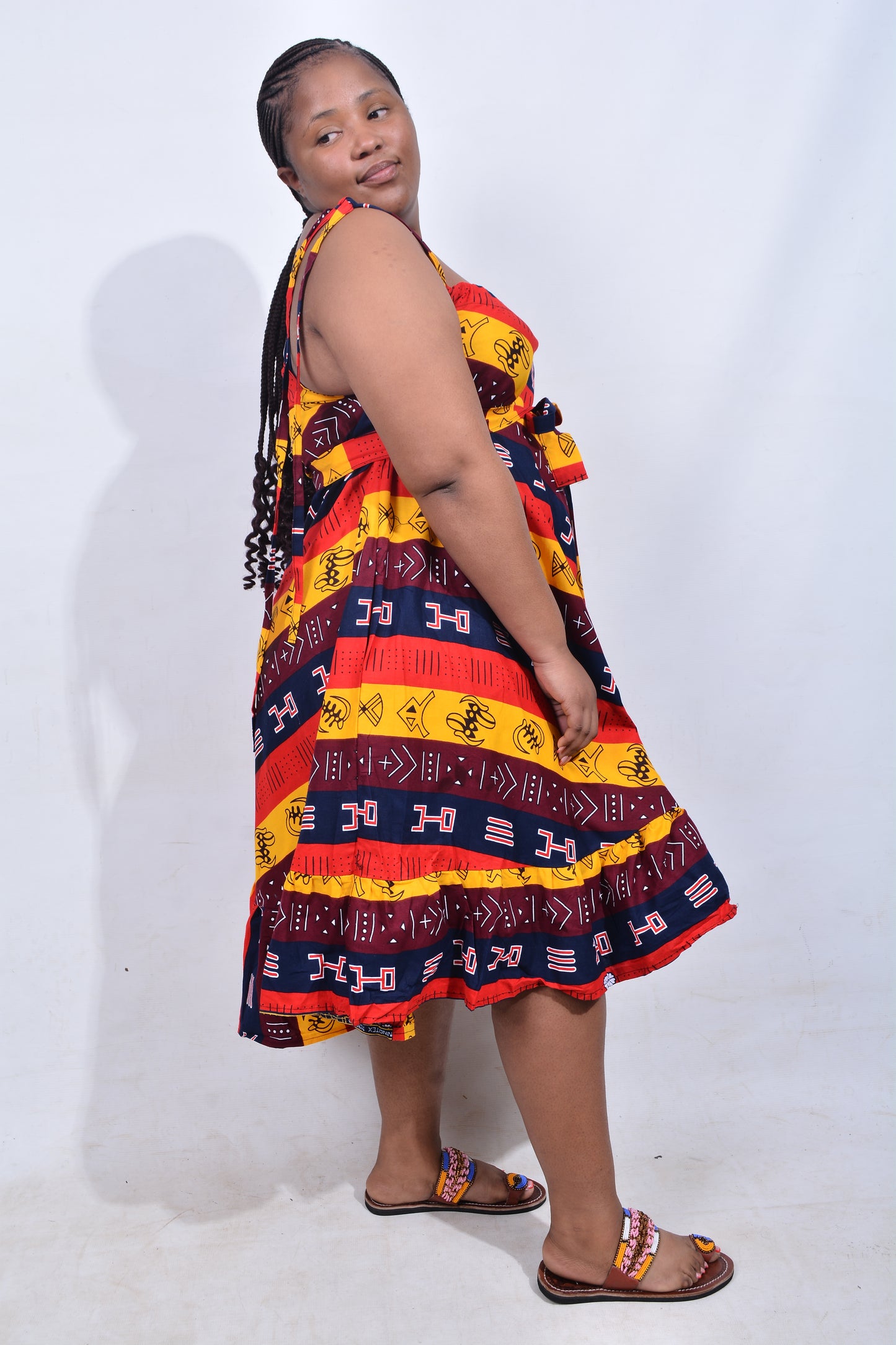T8211 Traditional African Kente Fabric Yellow, Red, Navy, White & Brown Dress