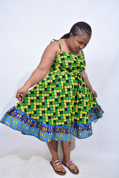 T8212 Traditional African Kente Fabric Blue, Green, Yellow & Black Dress