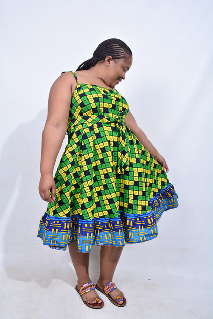 T8212 Traditional African Kente Fabric Blue, Green, Yellow & Black Dress
