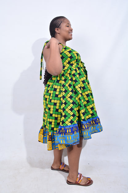 T8212 Traditional African Kente Fabric Blue, Green, Yellow & Black Dress