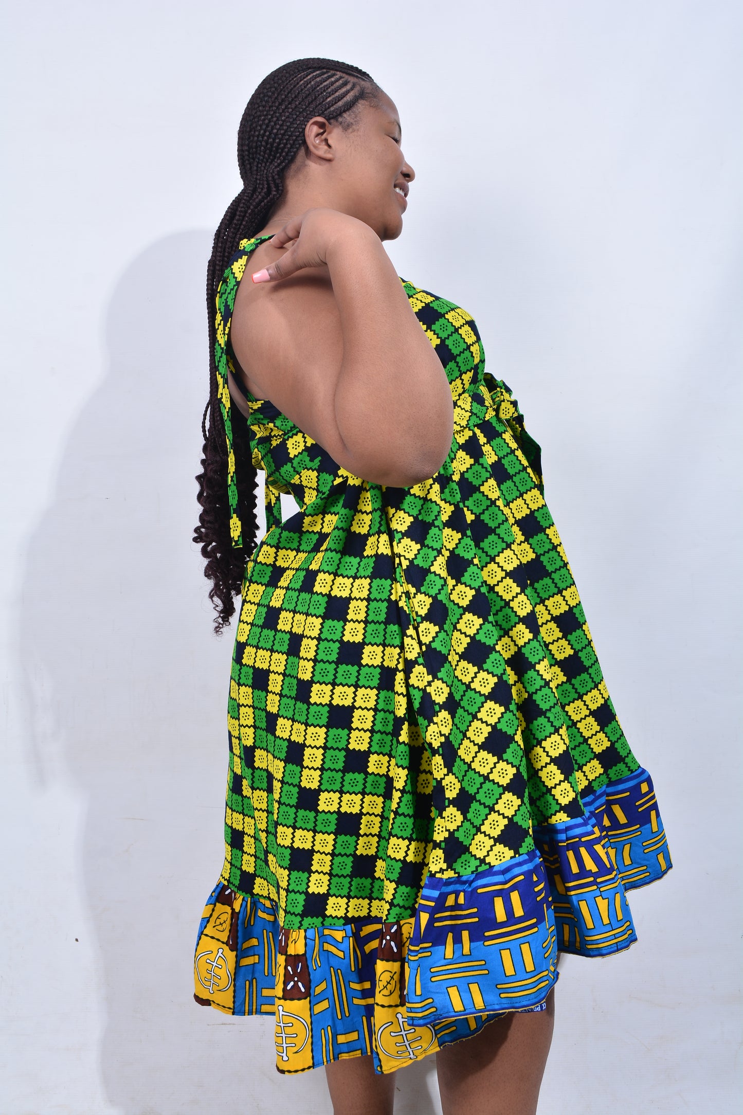 T8212 Traditional African Kente Fabric Blue, Green, Yellow & Black Dress