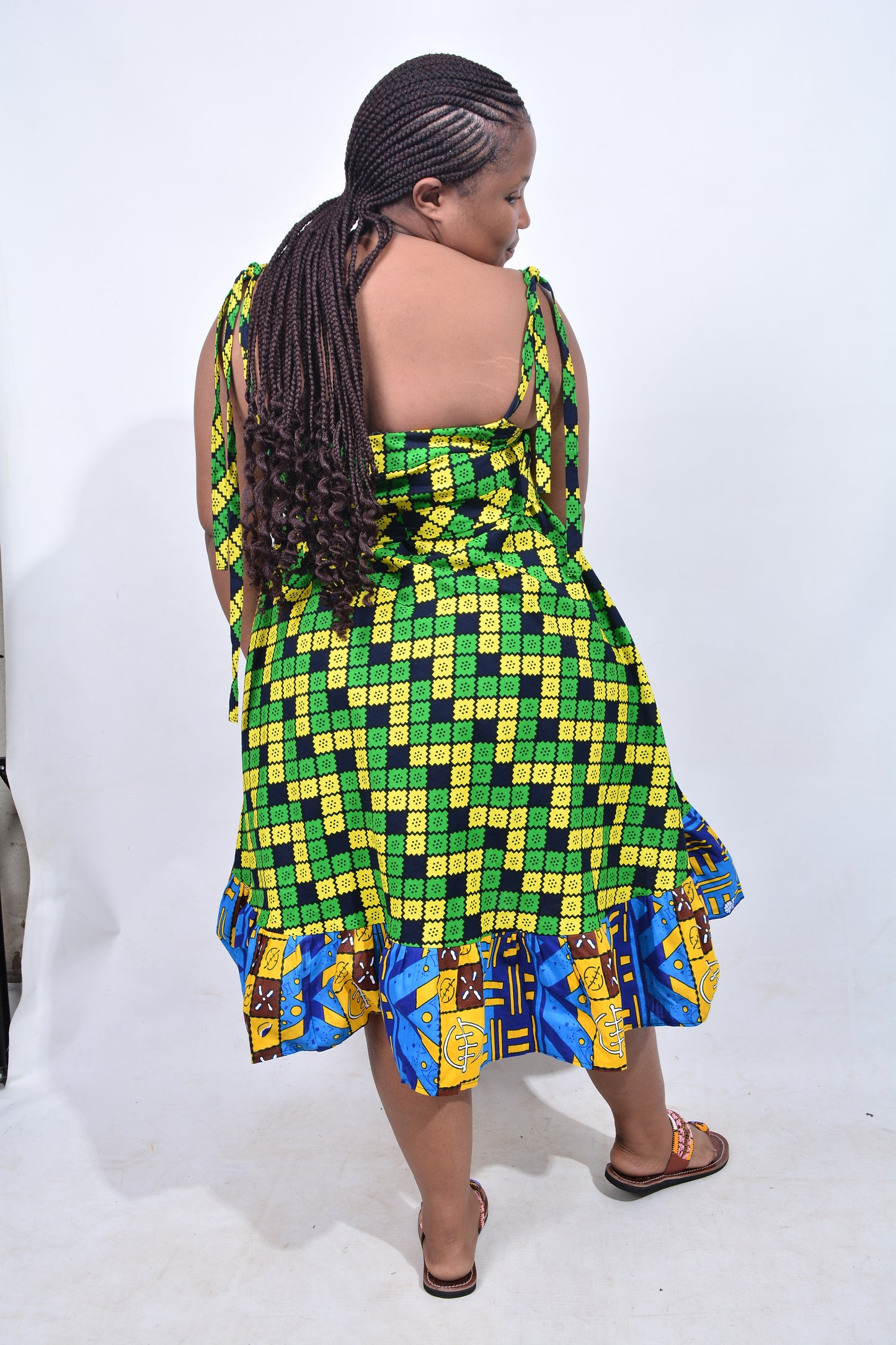 T8212 Traditional African Kente Fabric Blue, Green, Yellow & Black Dress