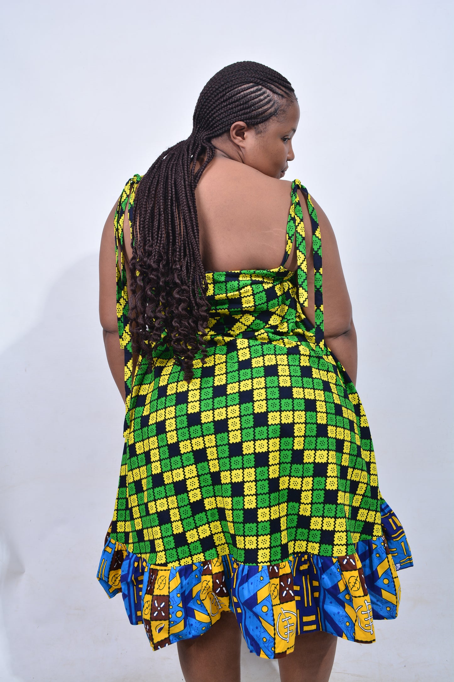 T8212 Traditional African Kente Fabric Blue, Green, Yellow & Black Dress