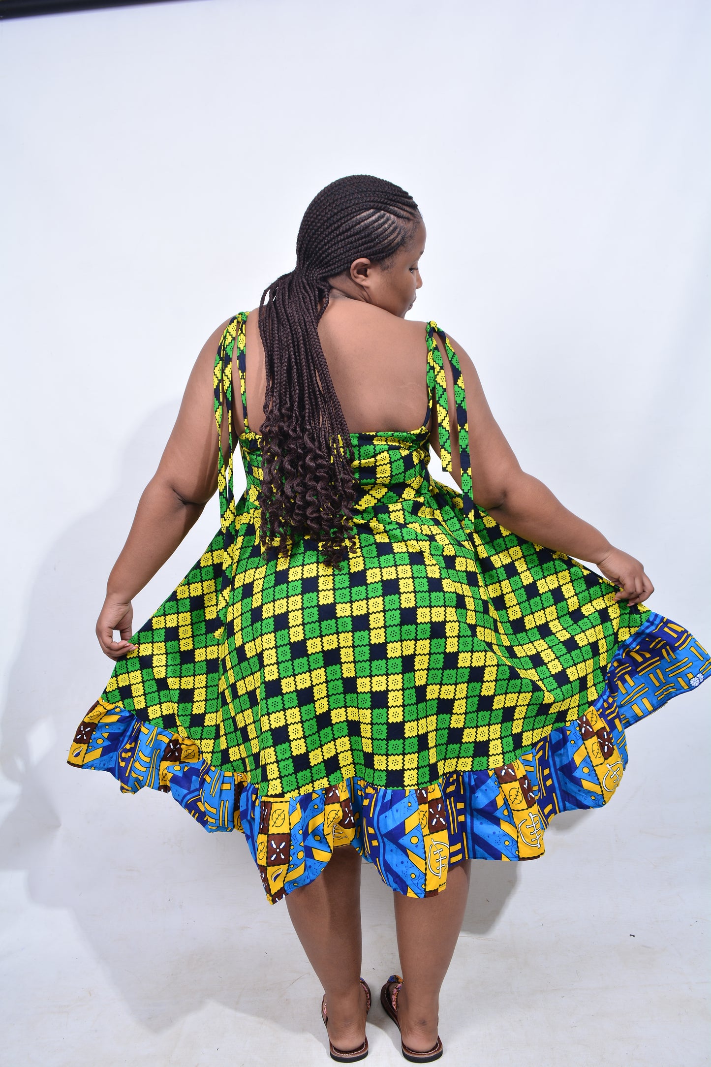 T8212 Traditional African Kente Fabric Blue, Green, Yellow & Black Dress