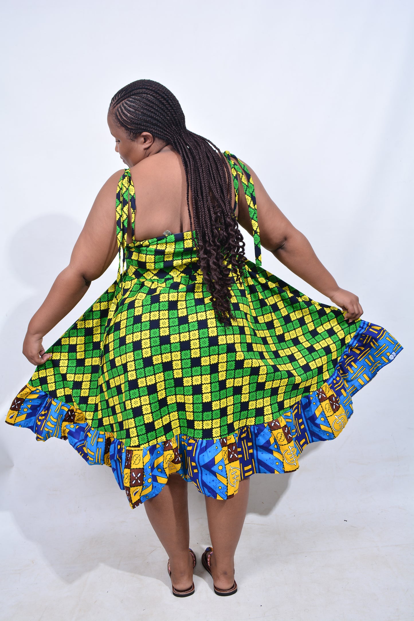 T8212 Traditional African Kente Fabric Blue, Green, Yellow & Black Dress