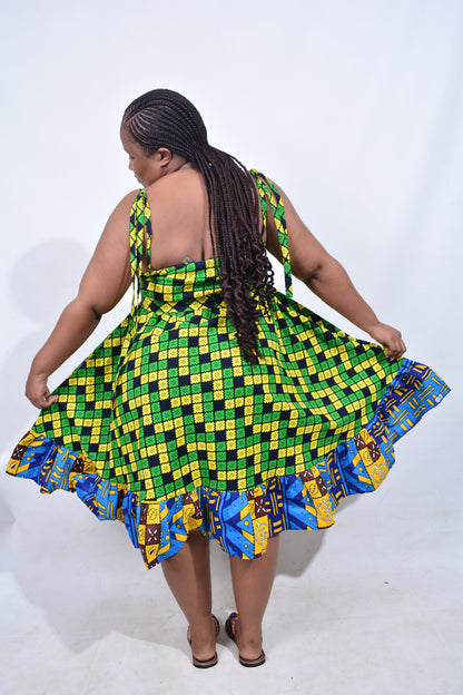 T8212 Traditional African Kente Fabric Blue, Green, Yellow & Black Dress