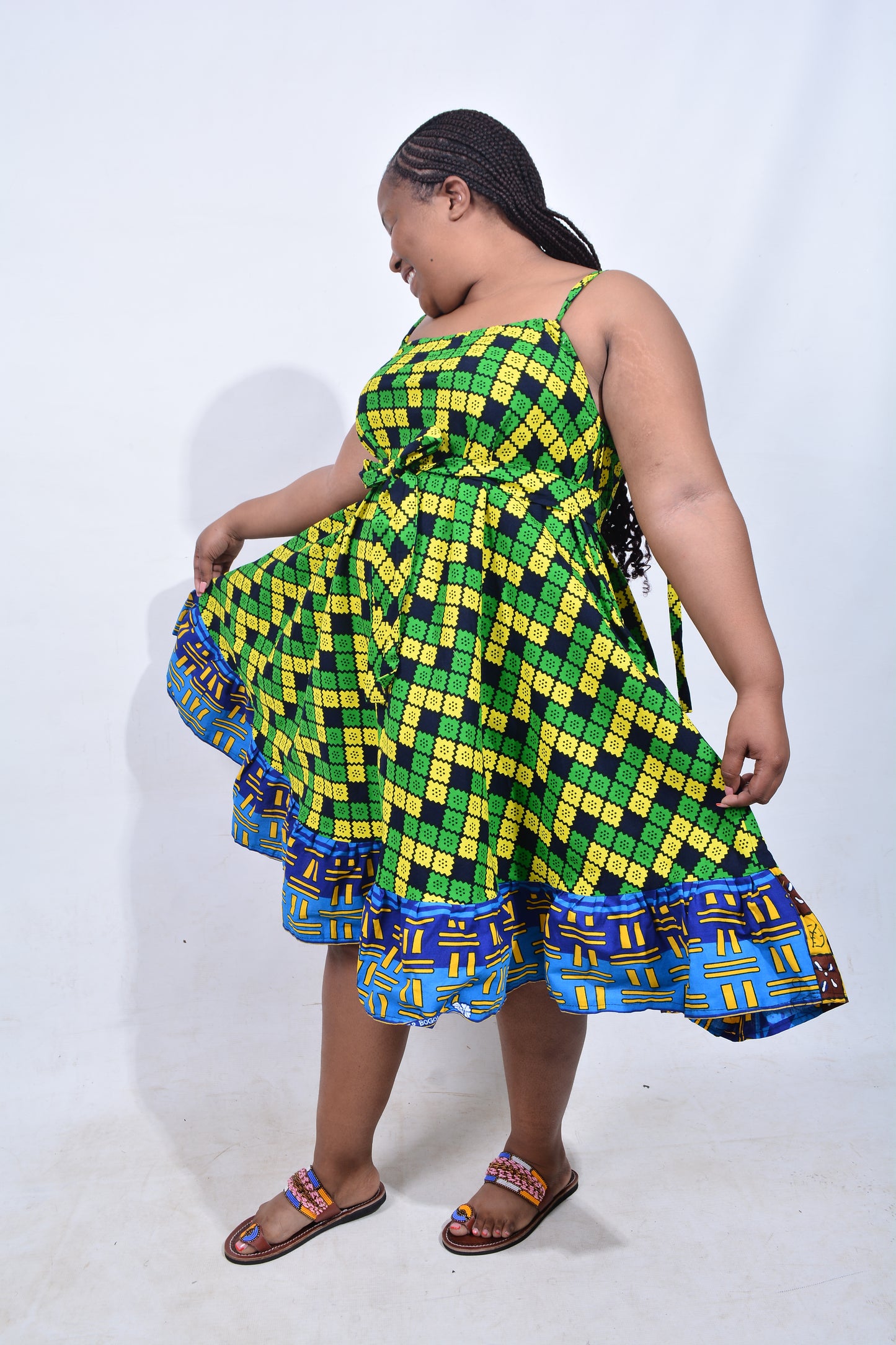 T8212 Traditional African Kente Fabric Blue, Green, Yellow & Black Dress