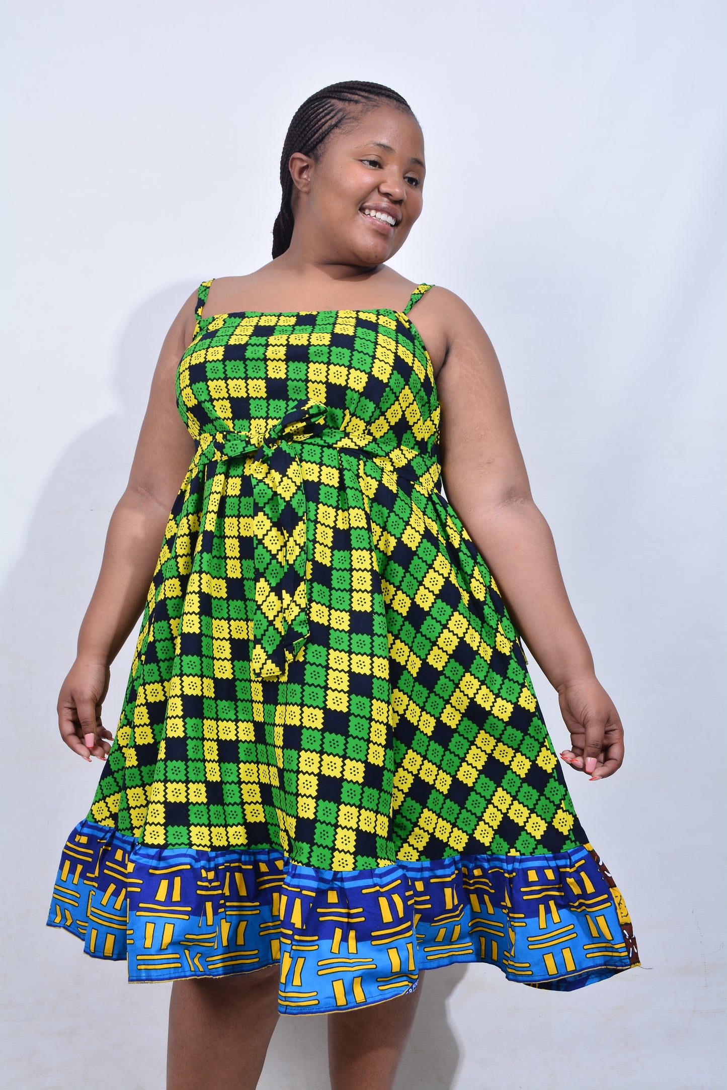 T8212 Traditional African Kente Fabric Blue, Green, Yellow & Black Dress