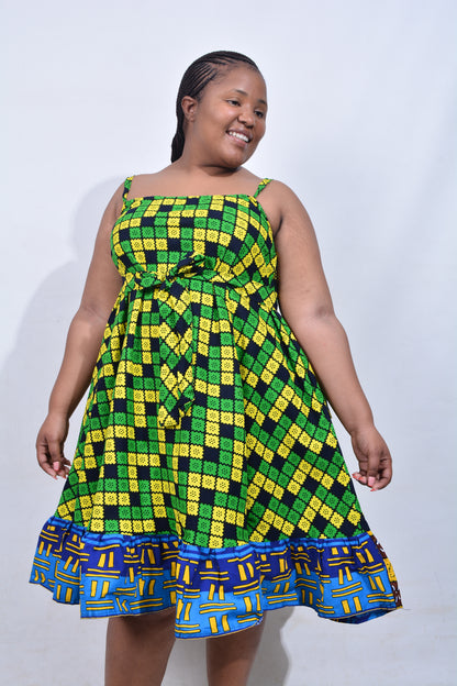 T8212 Traditional African Kente Fabric Blue, Green, Yellow & Black Dress