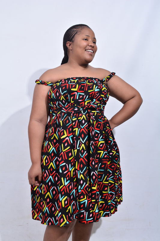 T8213 Traditional African Kente Fabric Red, Green, Yellow & Black Dress