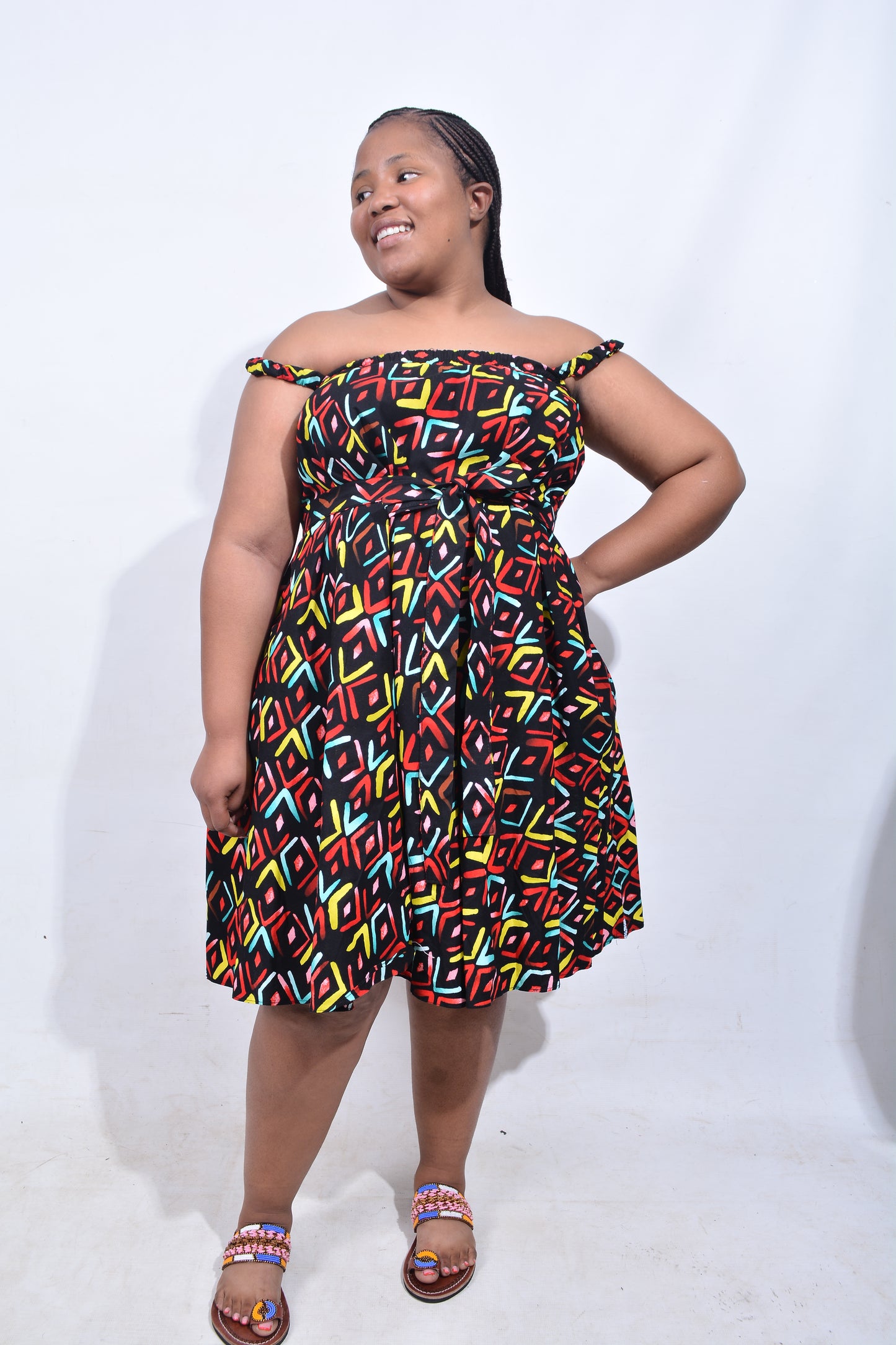 T8213 Traditional African Kente Fabric Red, Green, Yellow & Black Dress