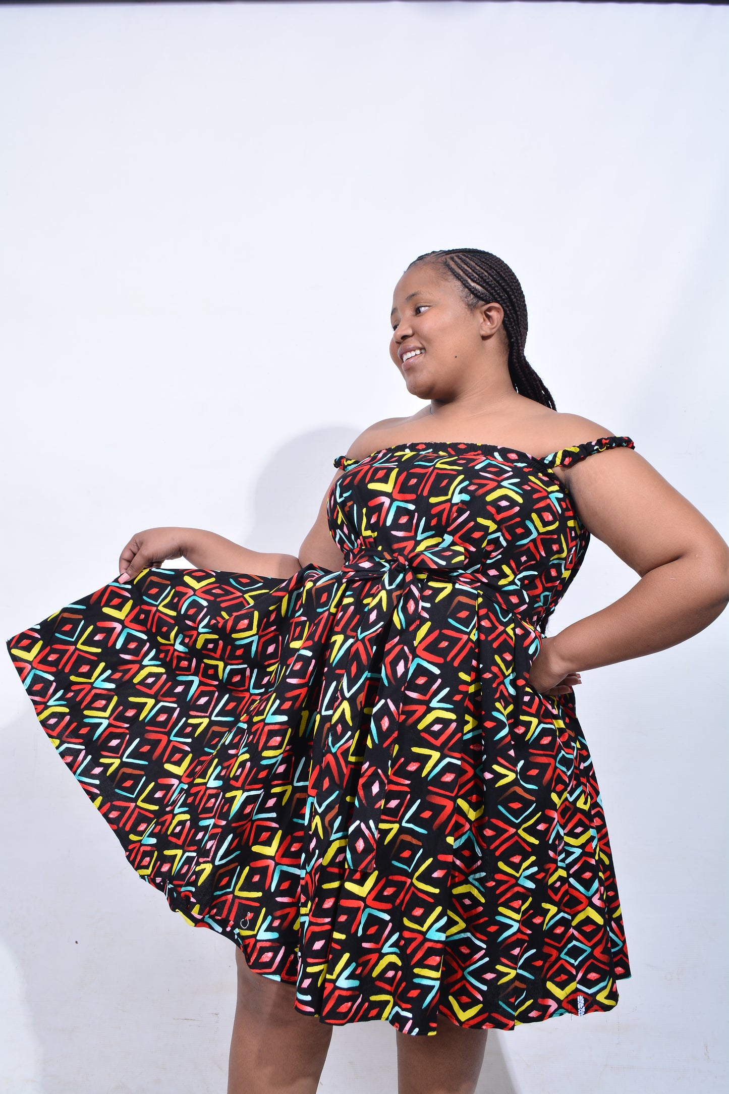 T8213 Traditional African Kente Fabric Red, Green, Yellow & Black Dress