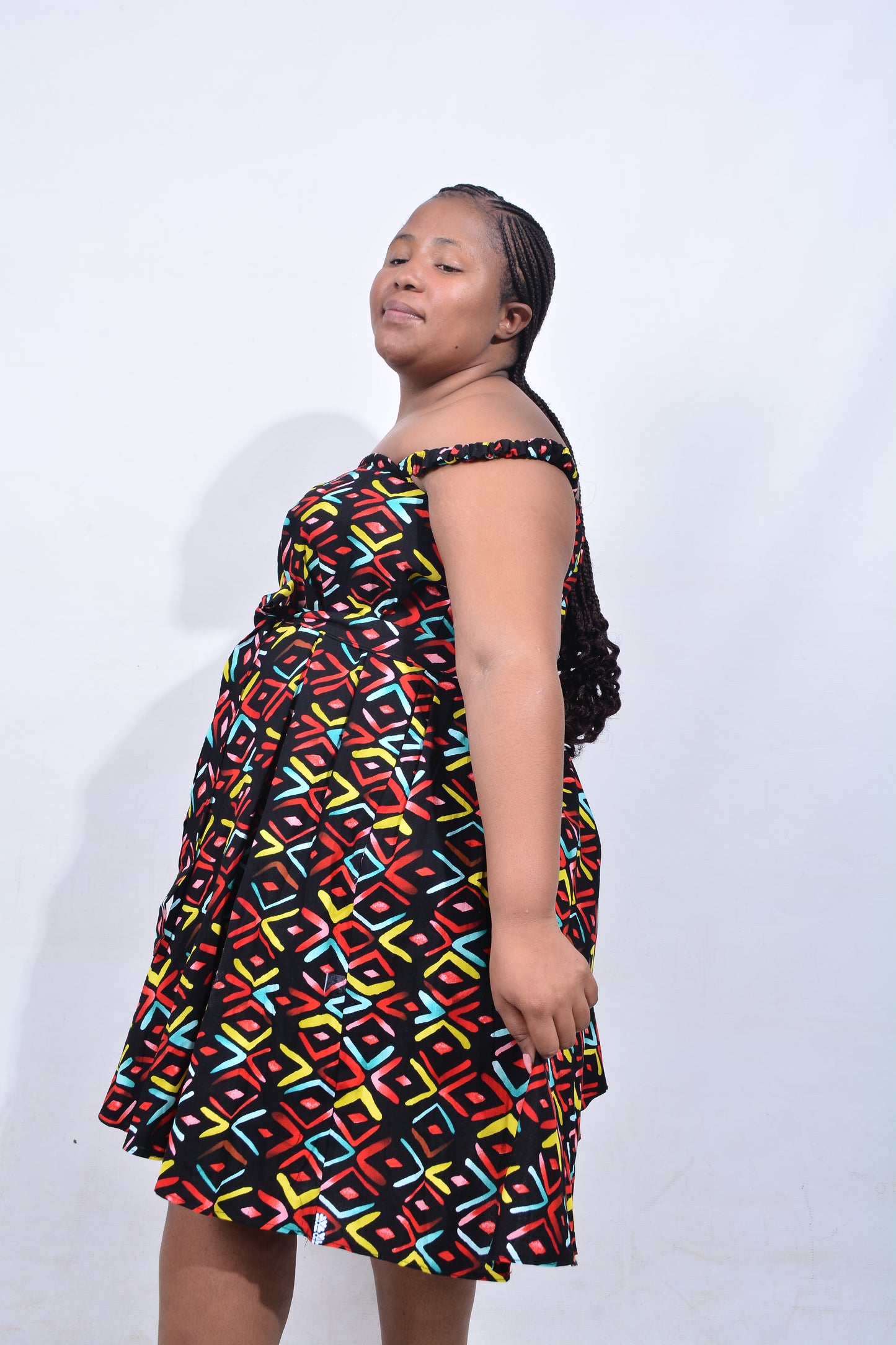 T8213 Traditional African Kente Fabric Red, Green, Yellow & Black Dress