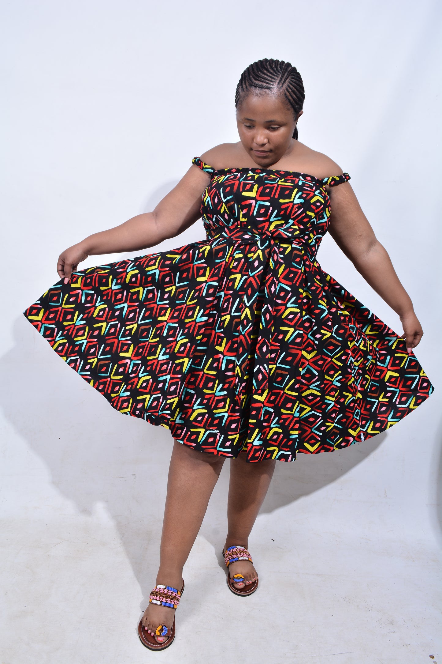 T8213 Traditional African Kente Fabric Red, Green, Yellow & Black Dress