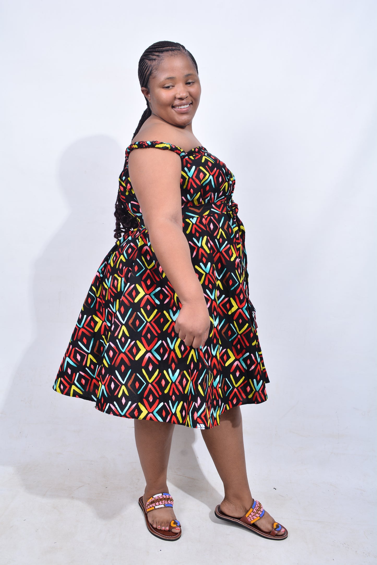 T8213 Traditional African Kente Fabric Red, Green, Yellow & Black Dress