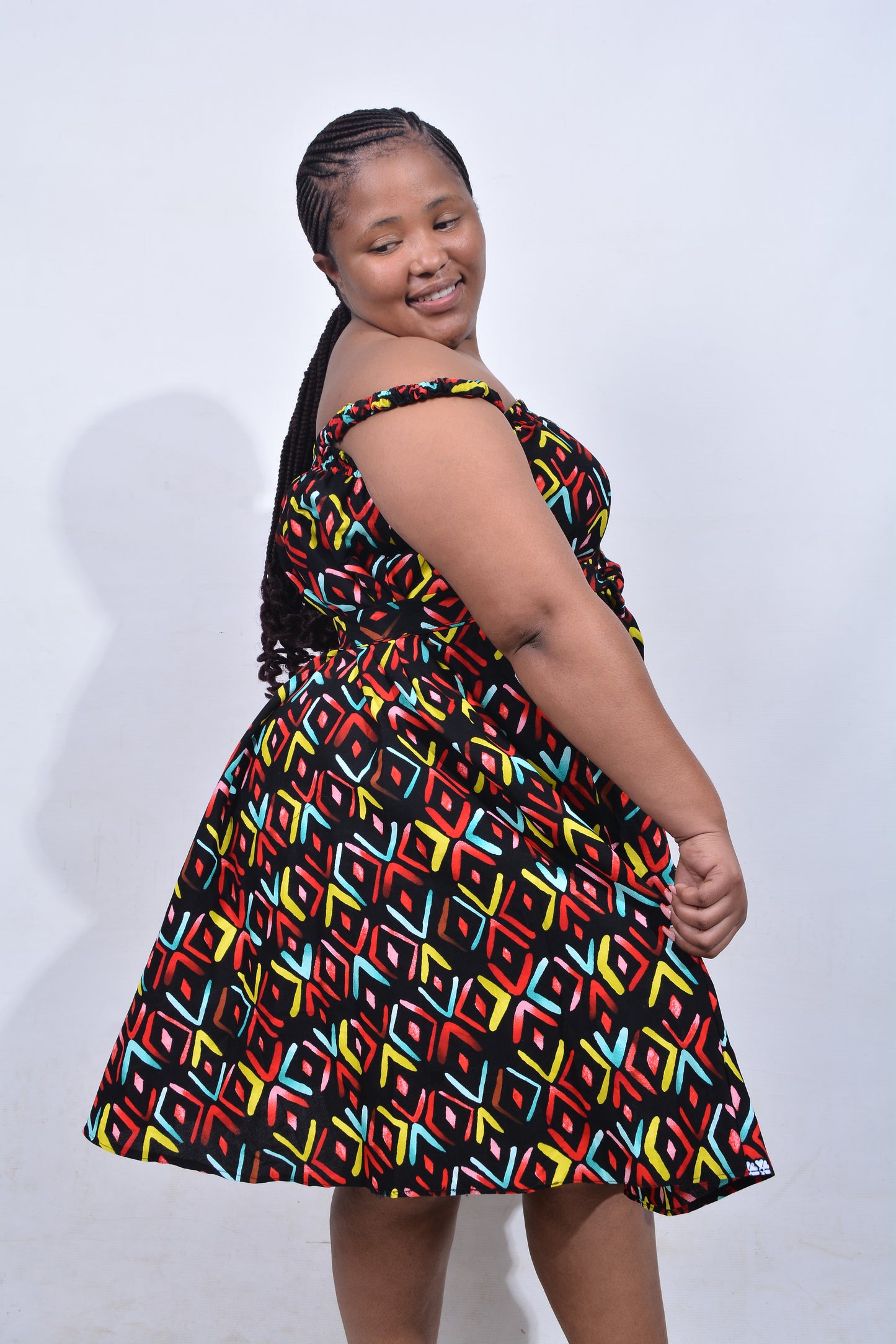 T8213 Traditional African Kente Fabric Red, Green, Yellow & Black Dress