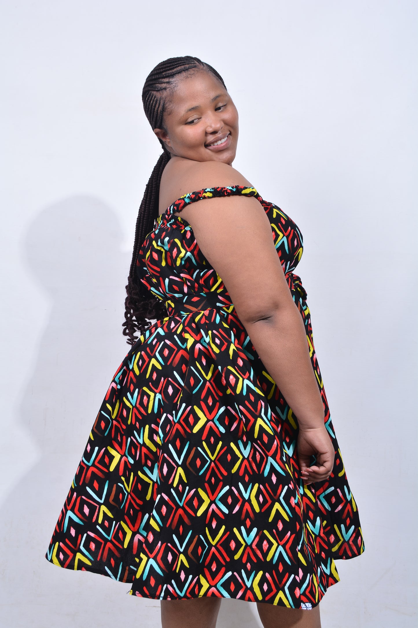 T8213 Traditional African Kente Fabric Red, Green, Yellow & Black Dress