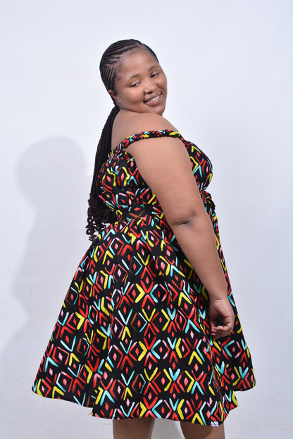 T8213 Traditional African Kente Fabric Red, Green, Yellow & Black Dress