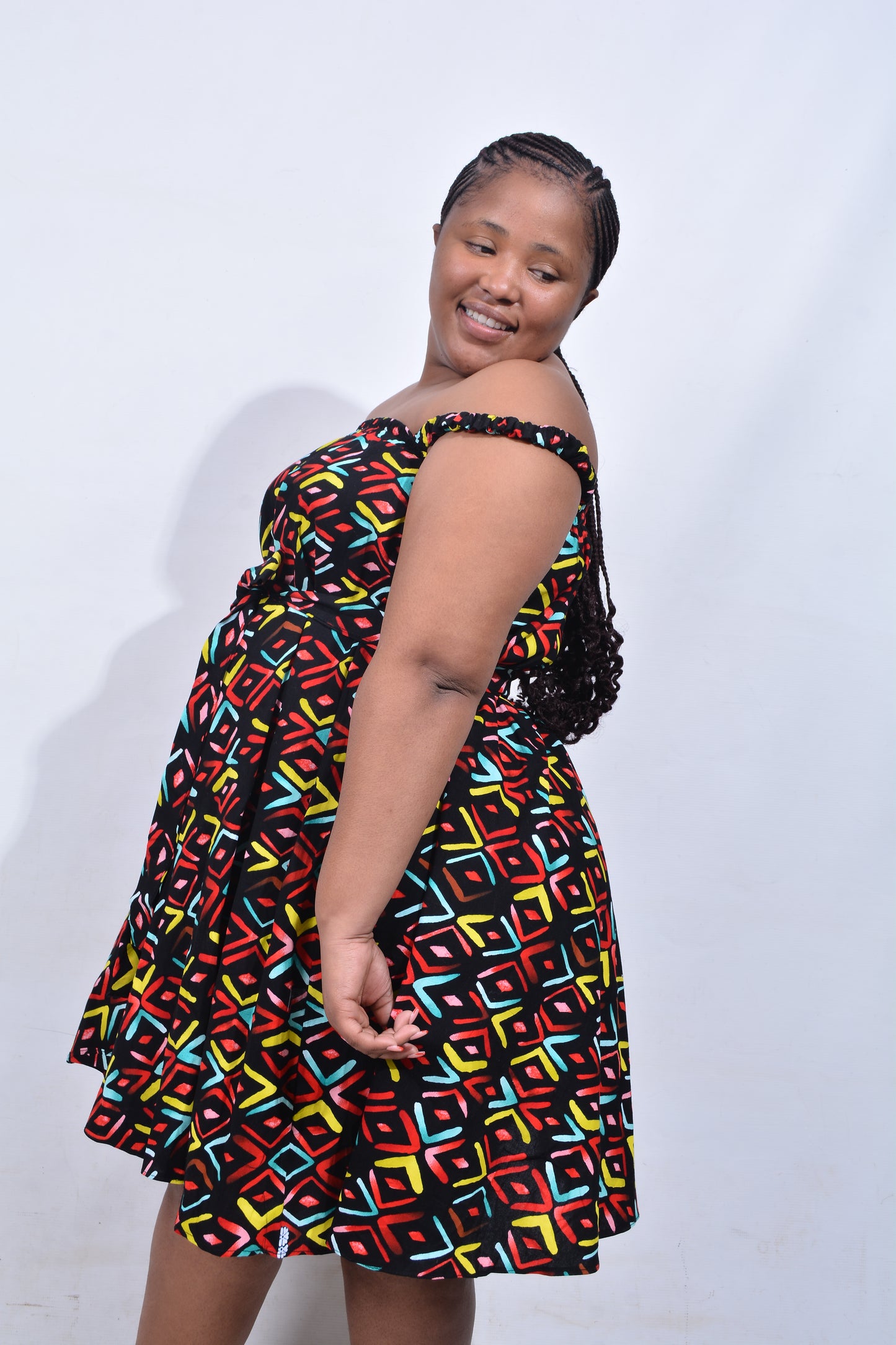 T8213 Traditional African Kente Fabric Red, Green, Yellow & Black Dress