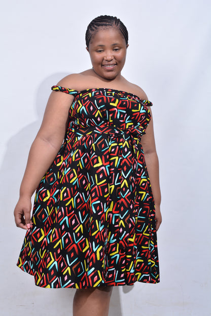 T8213 Traditional African Kente Fabric Red, Green, Yellow & Black Dress