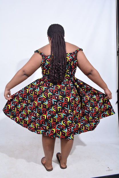 T8213 Traditional African Kente Fabric Red, Green, Yellow & Black Dress