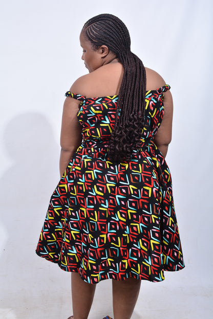 T8213 Traditional African Kente Fabric Red, Green, Yellow & Black Dress