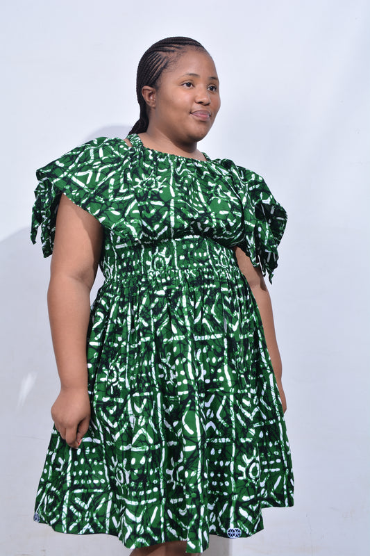 T8180 Traditional African Kente Fabric Green White & Black Dress