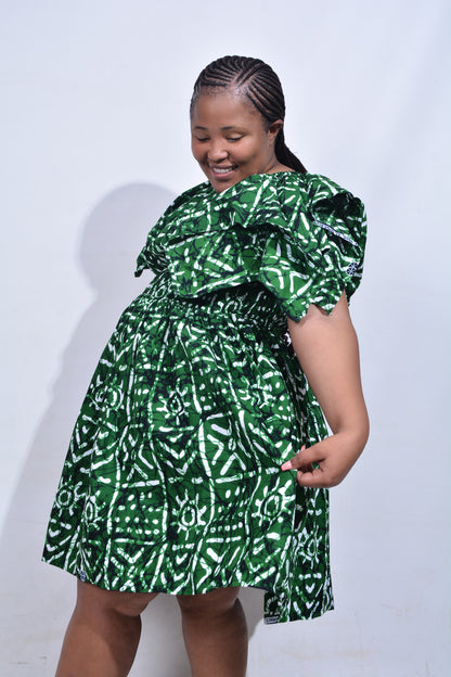 T8180 Traditional African Kente Fabric Green White & Black Dress
