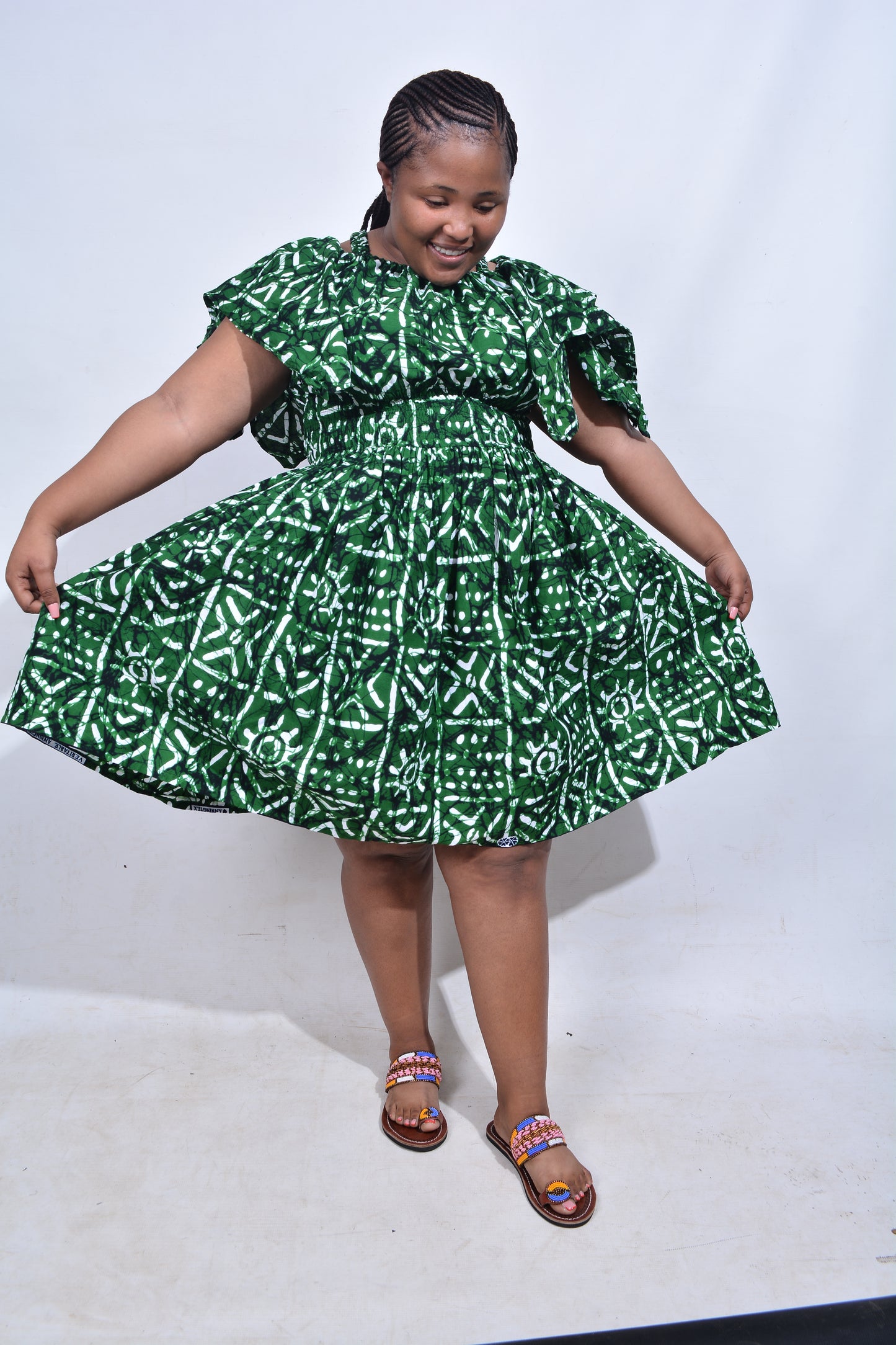 T8180 Traditional African Kente Fabric Green White & Black Dress
