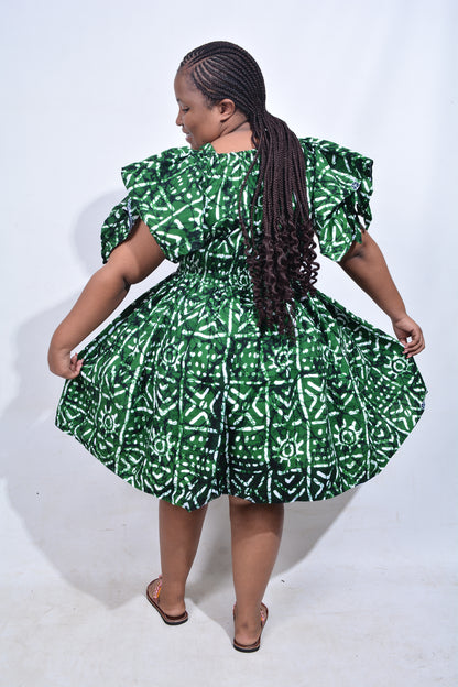 T8180 Traditional African Kente Fabric Green White & Black Dress