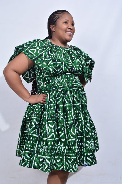 T8180 Traditional African Kente Fabric Green White & Black Dress