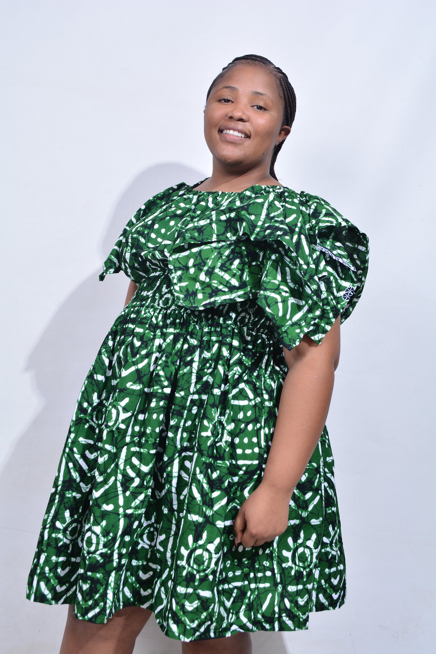 T8180 Traditional African Kente Fabric Green White & Black Dress
