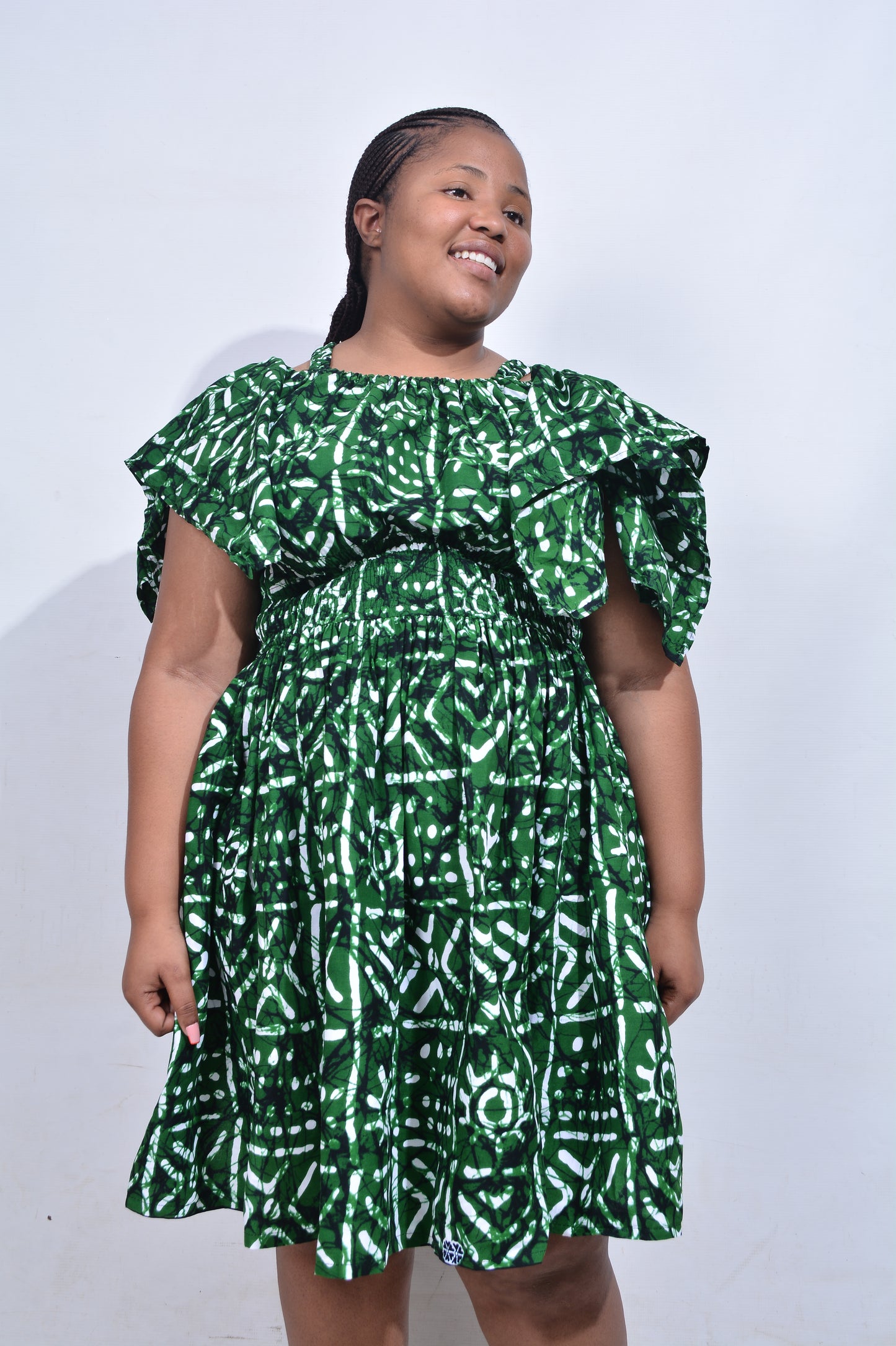 T8180 Traditional African Kente Fabric Green White & Black Dress