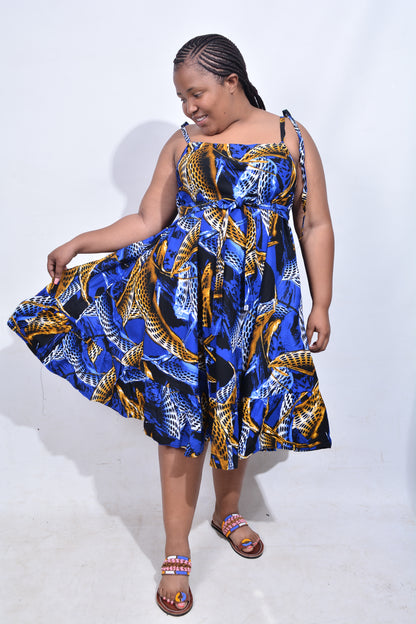 T8181 Traditional African Kente Fabric Blue Mustard Black Dress