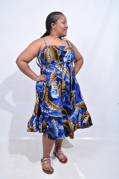 T8181 Traditional African Kente Fabric Blue Mustard Black Dress