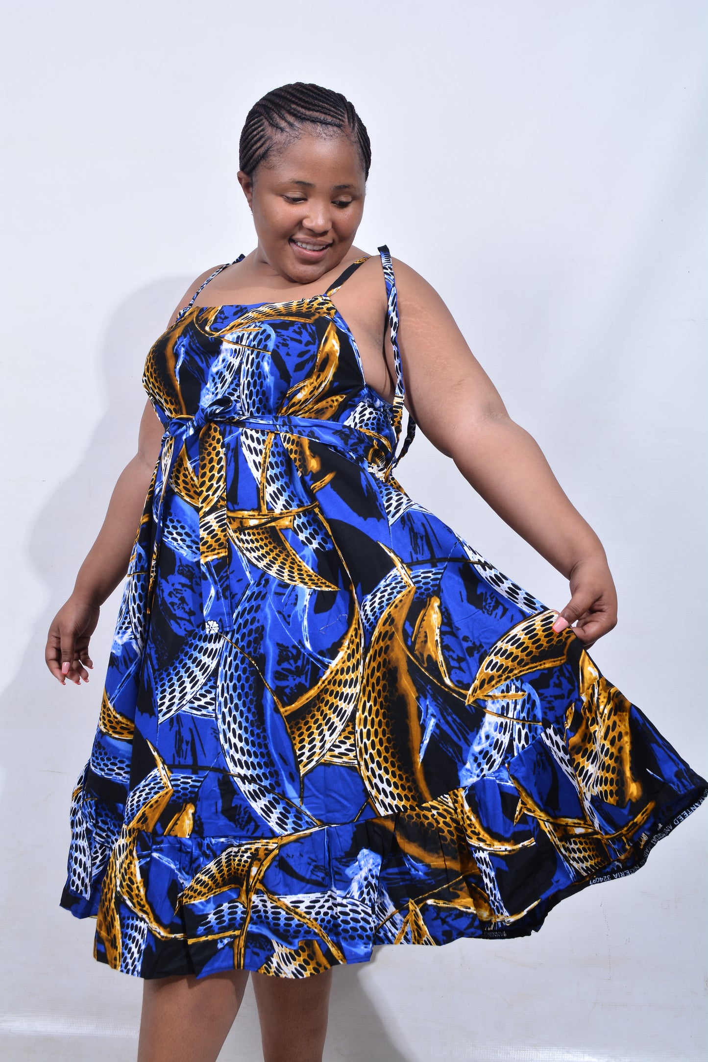 T8181 Traditional African Kente Fabric Blue Mustard Black Dress