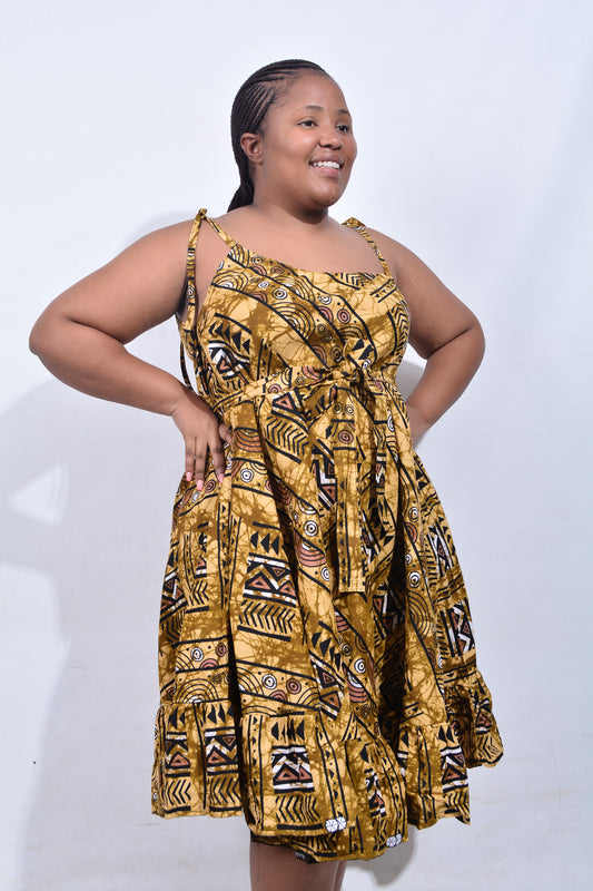 T8182 Traditional African Kente Fabric Mustard Black Brown & White Dress