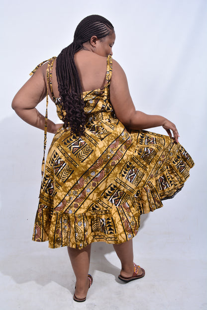 T8182 Traditional African Kente Fabric Mustard Black Brown & White Dress