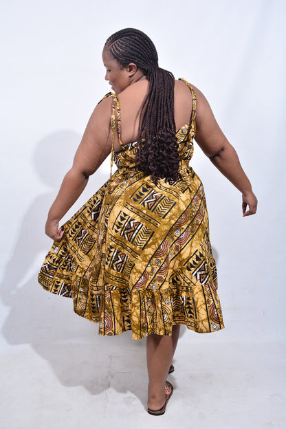 T8182 Traditional African Kente Fabric Mustard Black Brown & White Dress