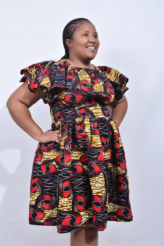 T8215 Traditional African Kente Fabric Red, Yellow, Brown, White & Black Dress